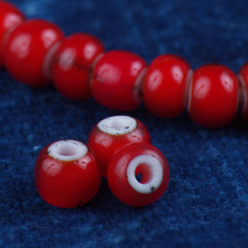 Antique red white heart trade bead, front